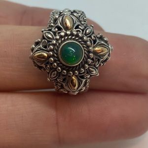 Sarda Sterling Silver & 18K Gold Accent Green Chalcedony Ornate Ring (Size 9)